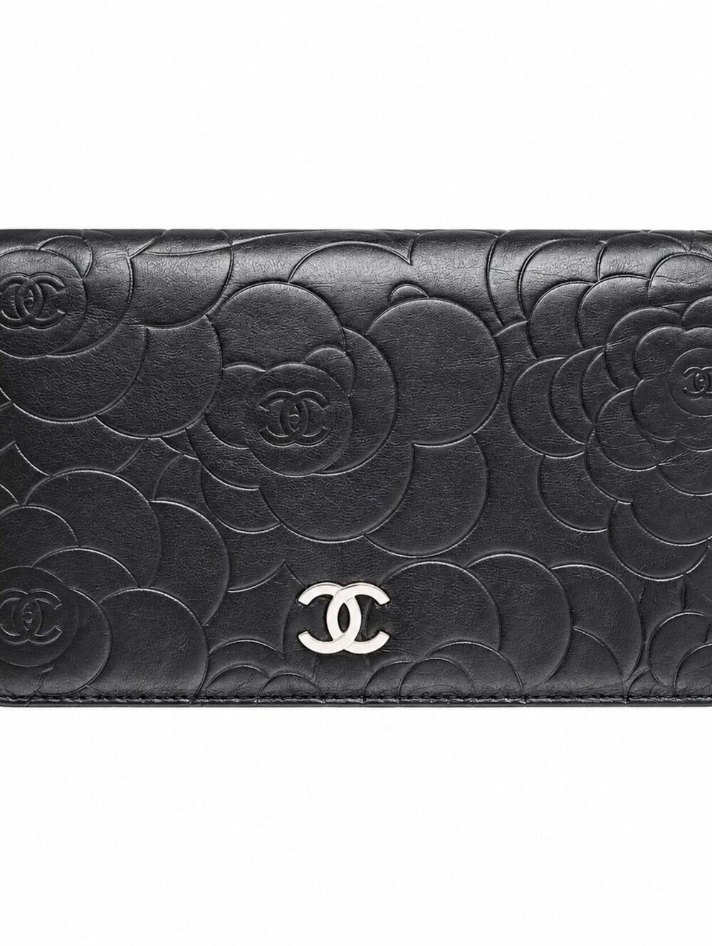 Chanel black Camellia embossed long wallet